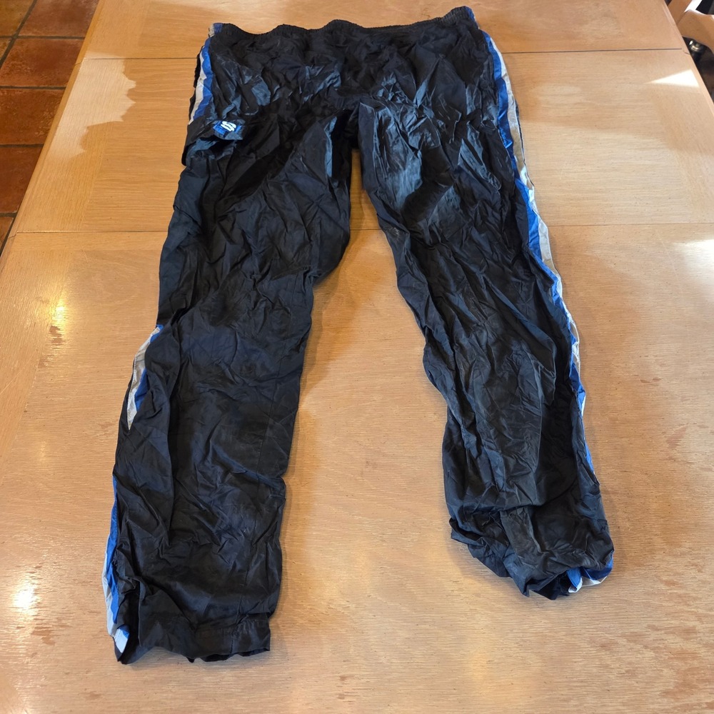 Spalding Mens Large Black Nylon Windbreaker Track Pants Blue White Stripe Lined